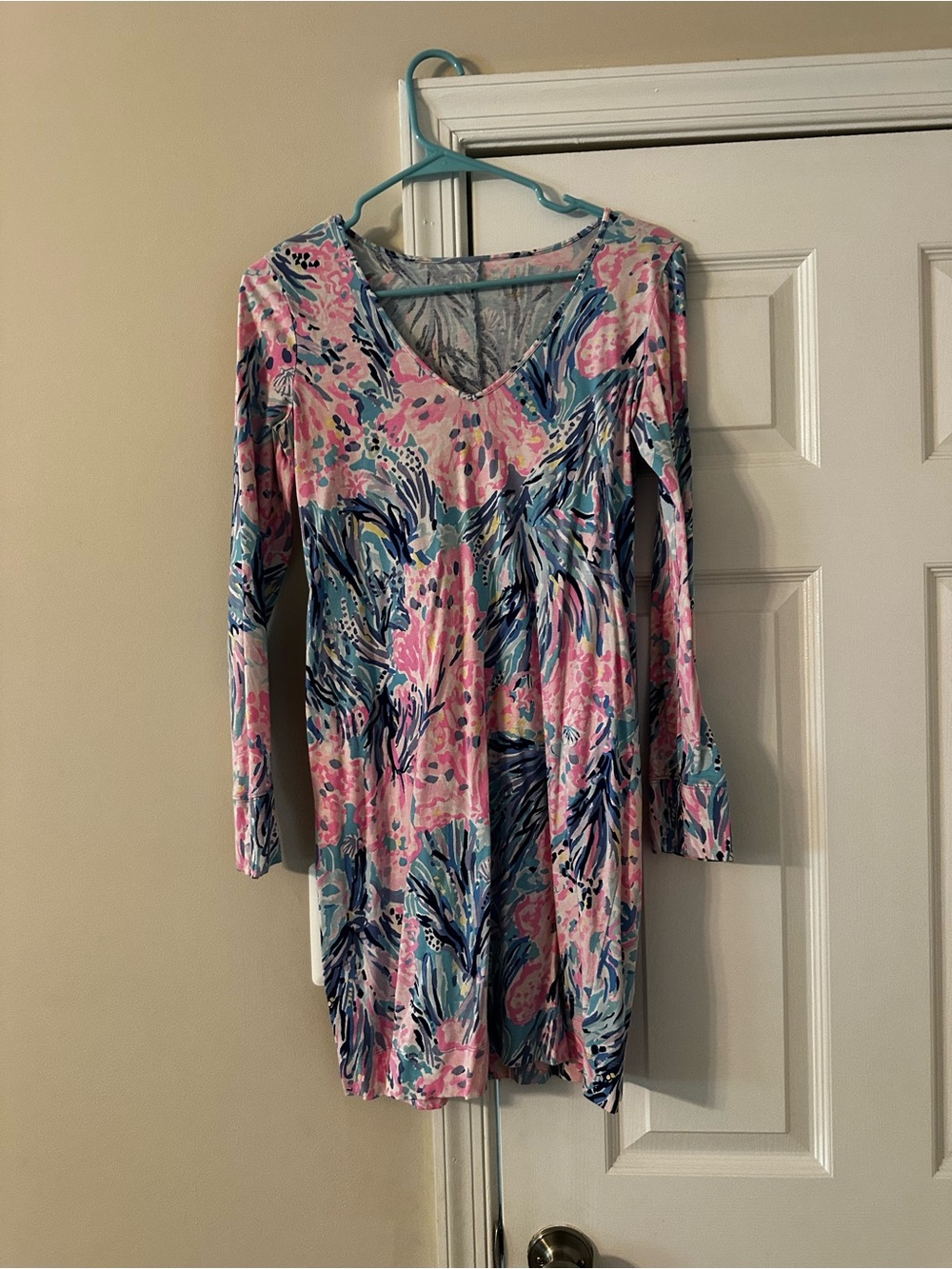 Lilly Pulitzer Pink and Blue Long-Sleeve V-Neck Dress